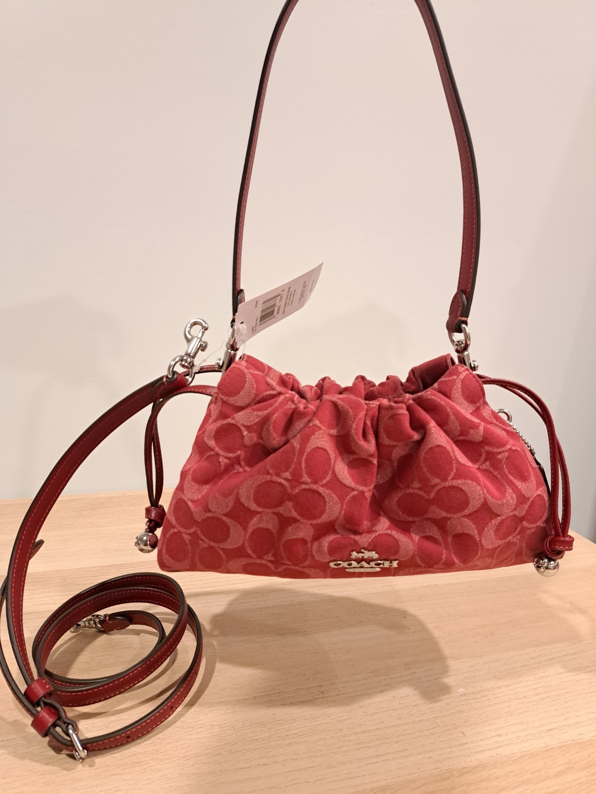 New Authentic Coach Faye Shoulder Bag Signature Logo C Denim CDB93 Silver Red