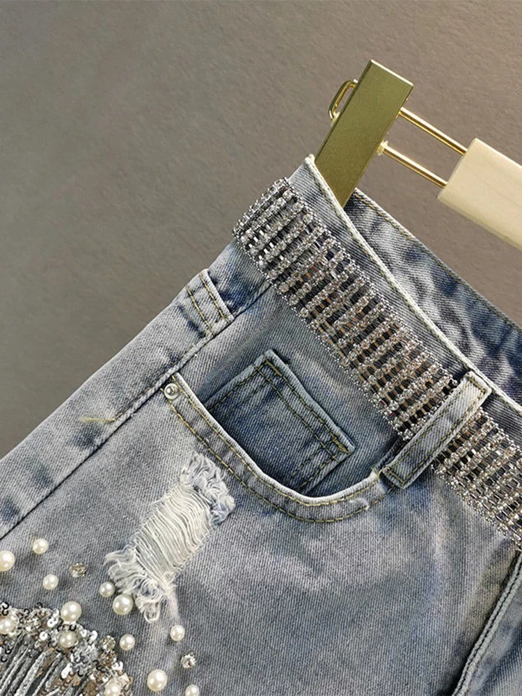 2025 Party Dance Shorts Tassel Beading Casual Jeans Women Celebrate Shiny Beads
