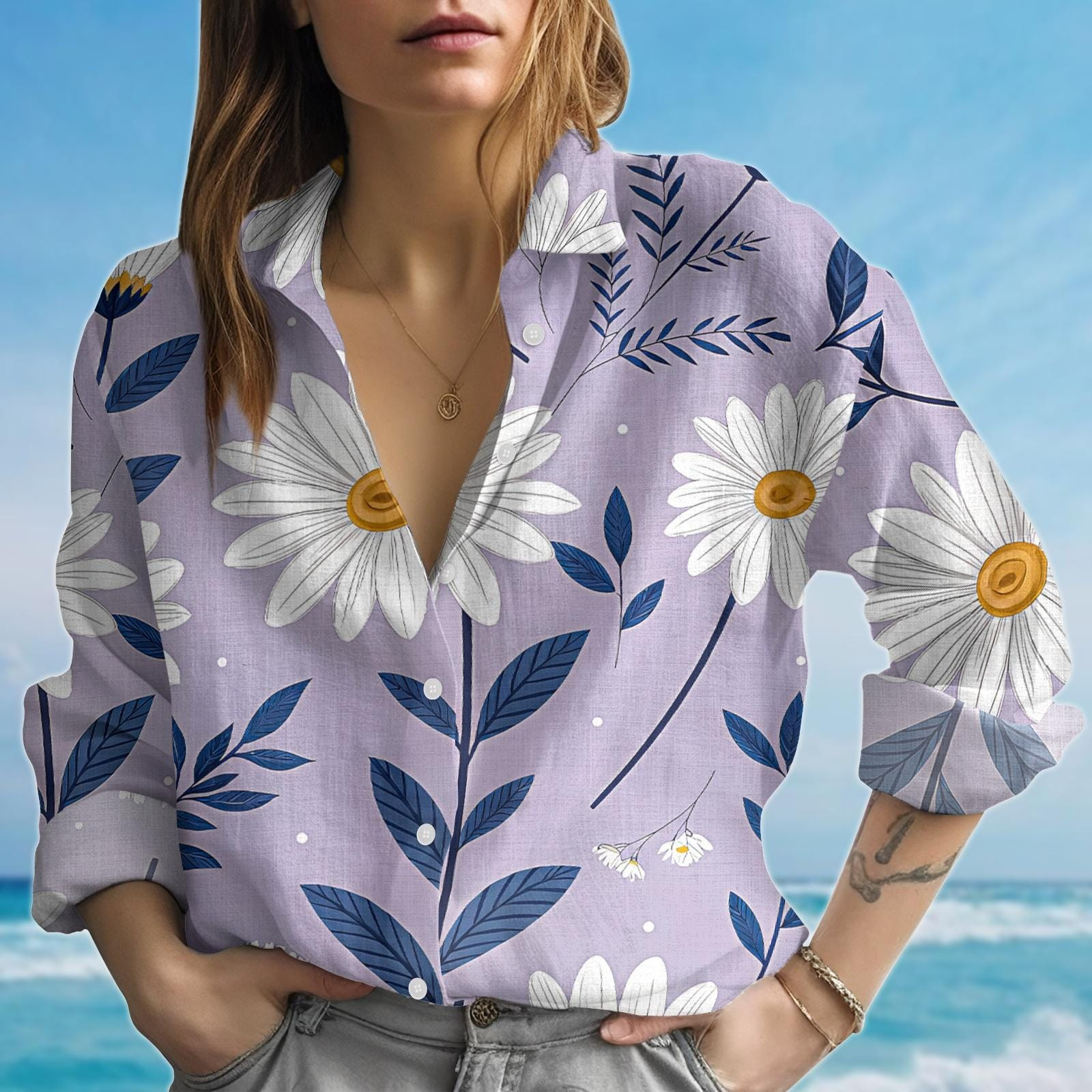 Wild Daisy Flower Blouse Shirt Floral Women Button Up Shirt