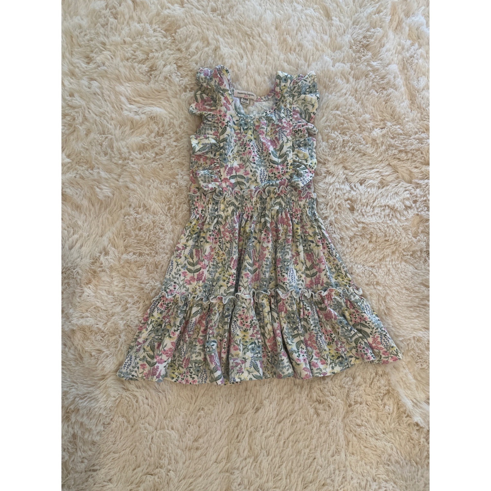 Nanette Lepore Floral Ruffle Dress Smock Waist Flutter Sleeves Pink Sage Green