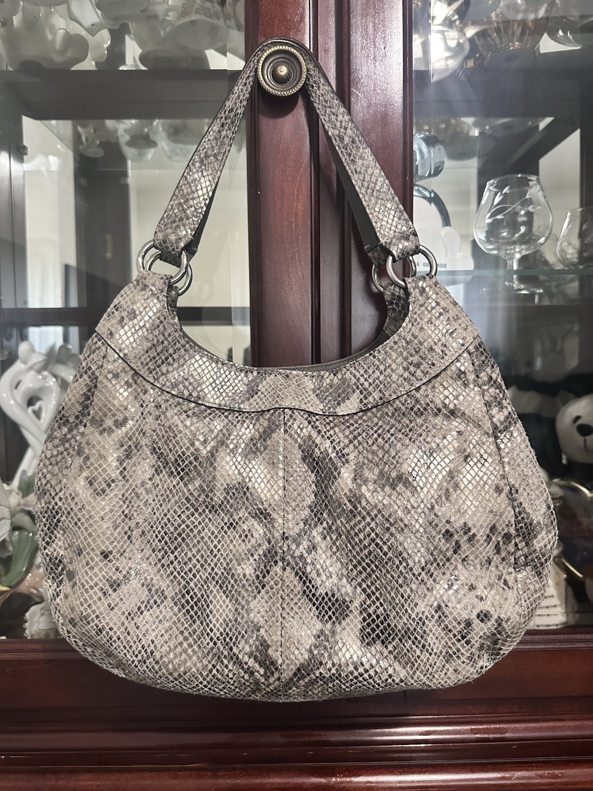 Coach Snake Embossed Medium Crescent Shoulder Bag Gray/Black Silver Hardware