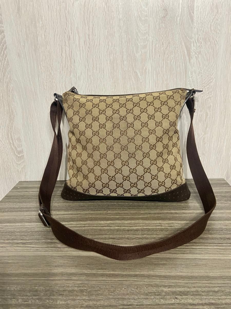 GUCCI shoulder bag GG pattern canvas beige leather punching crossbody