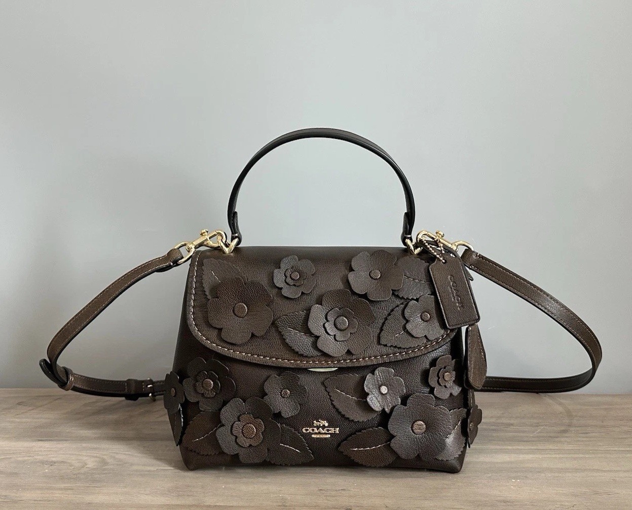COACH Emory Top Handle Bag With Floral Appliqué Smooth Leather CDY44 Maple NWT