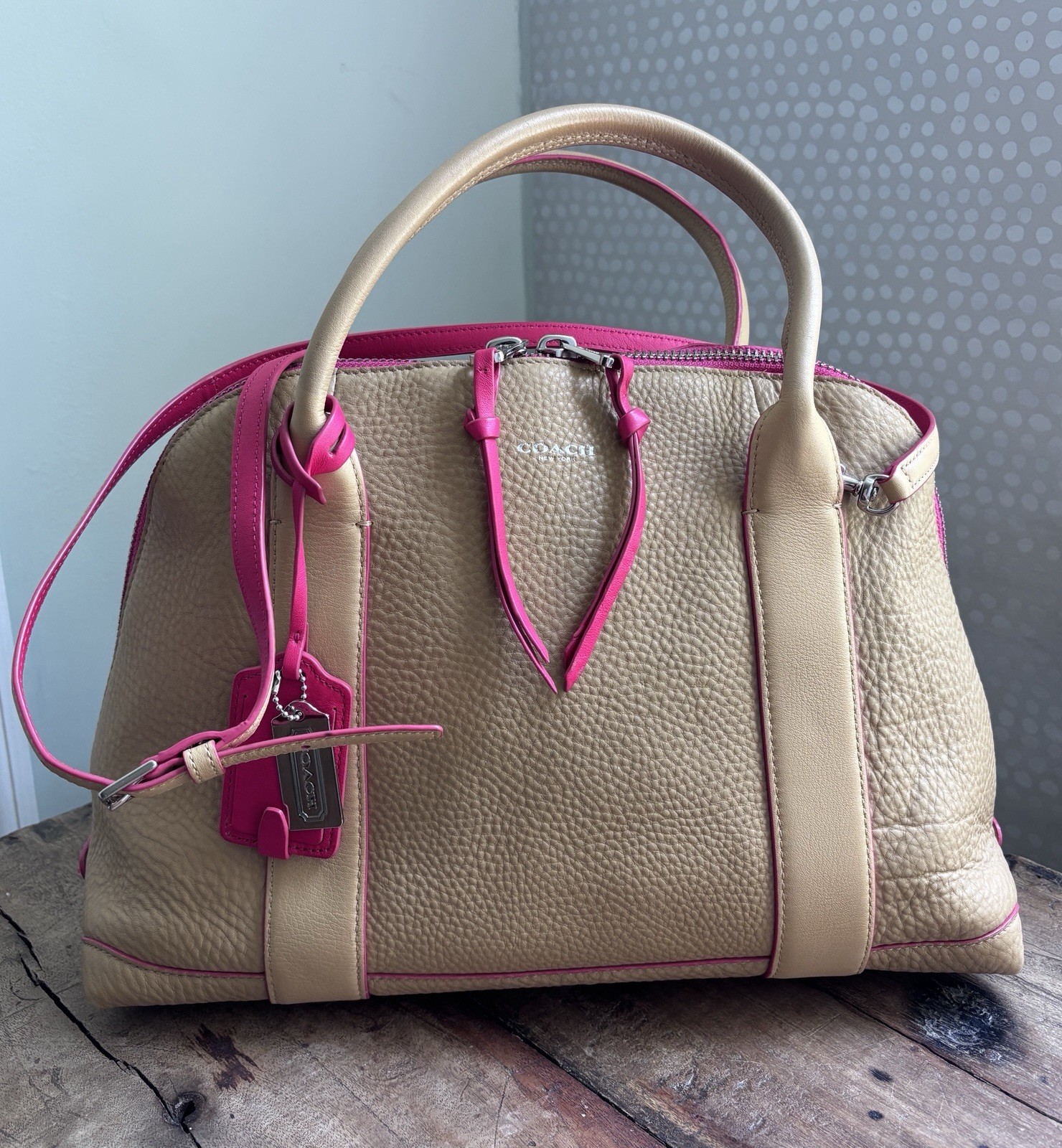 Coach Bleeker Large Leather Preston Bowler Satchel Tote Camel/Pink Ruby #30165