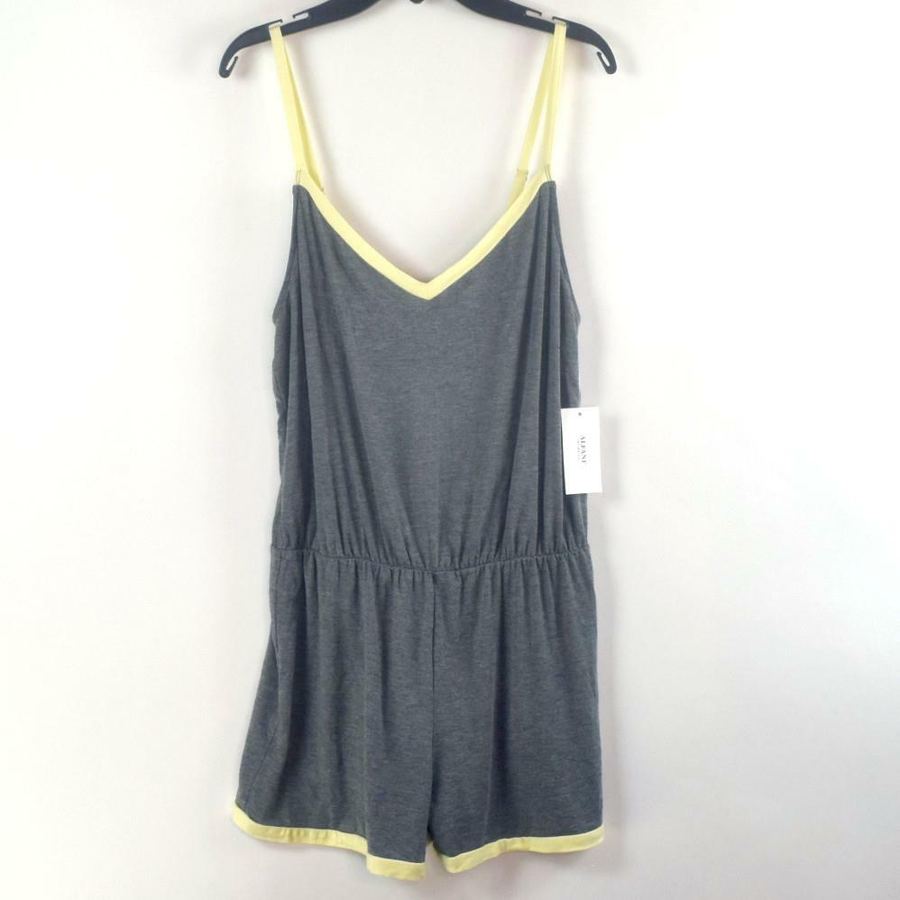 Alfani Womens Contrast-Trim Pajama Romper Oxford Gray Yellow Choose Size New
