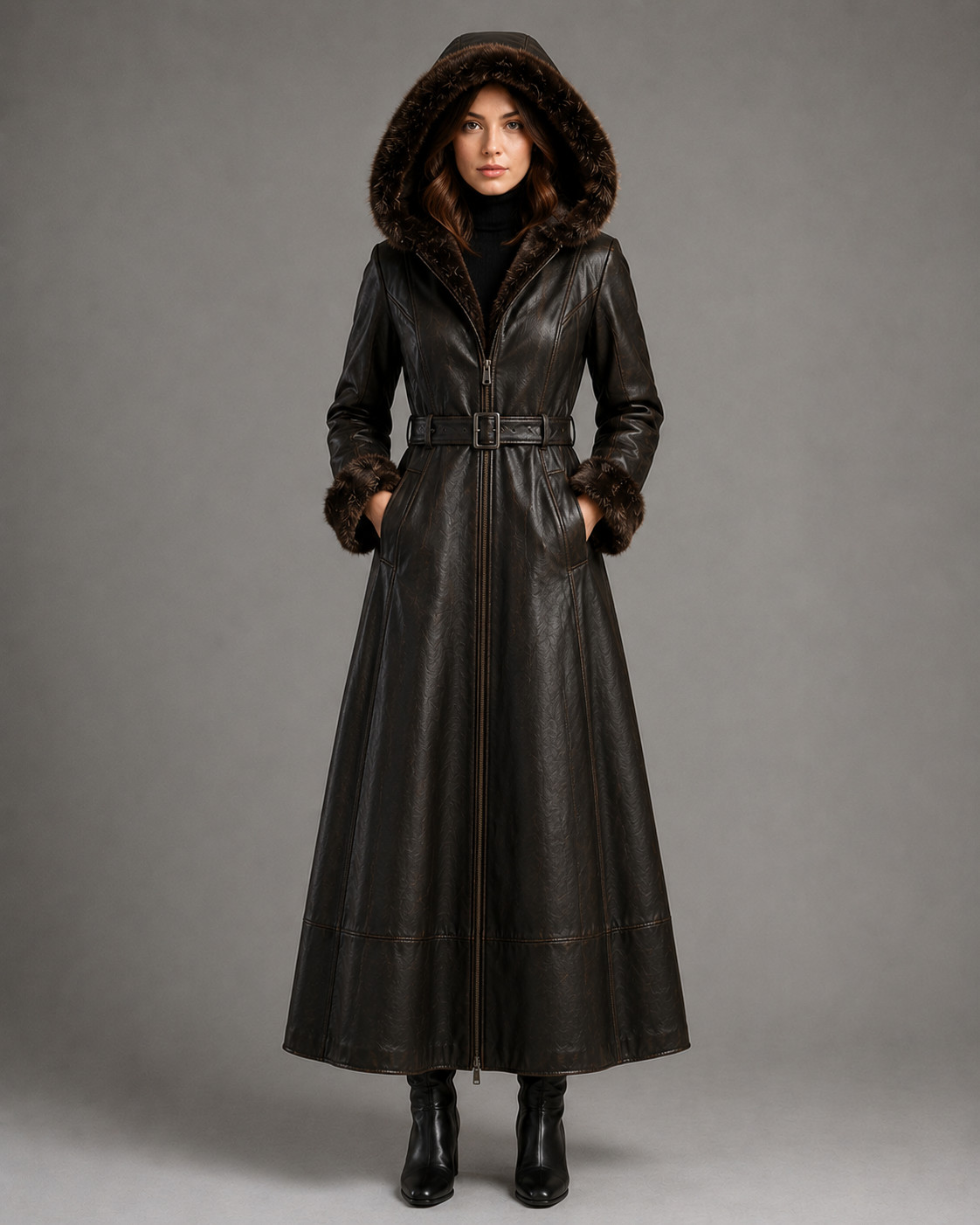 Women’s Black Leather Long Coat – Faux Fur Hood – Belted Winter Maxi Trench Coat