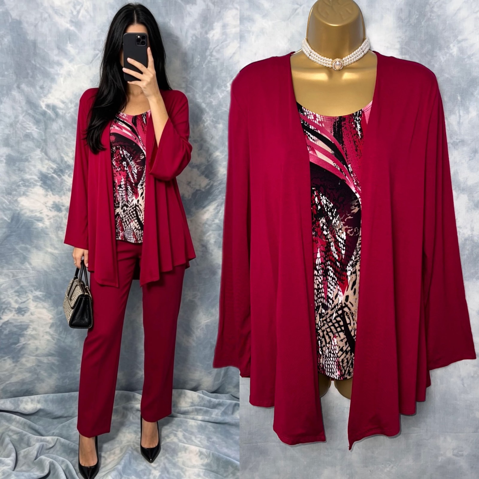 SALOOS Wine Red 2-in-1 Layered Top Size 16 Print Stretchy Elegant Classy Office