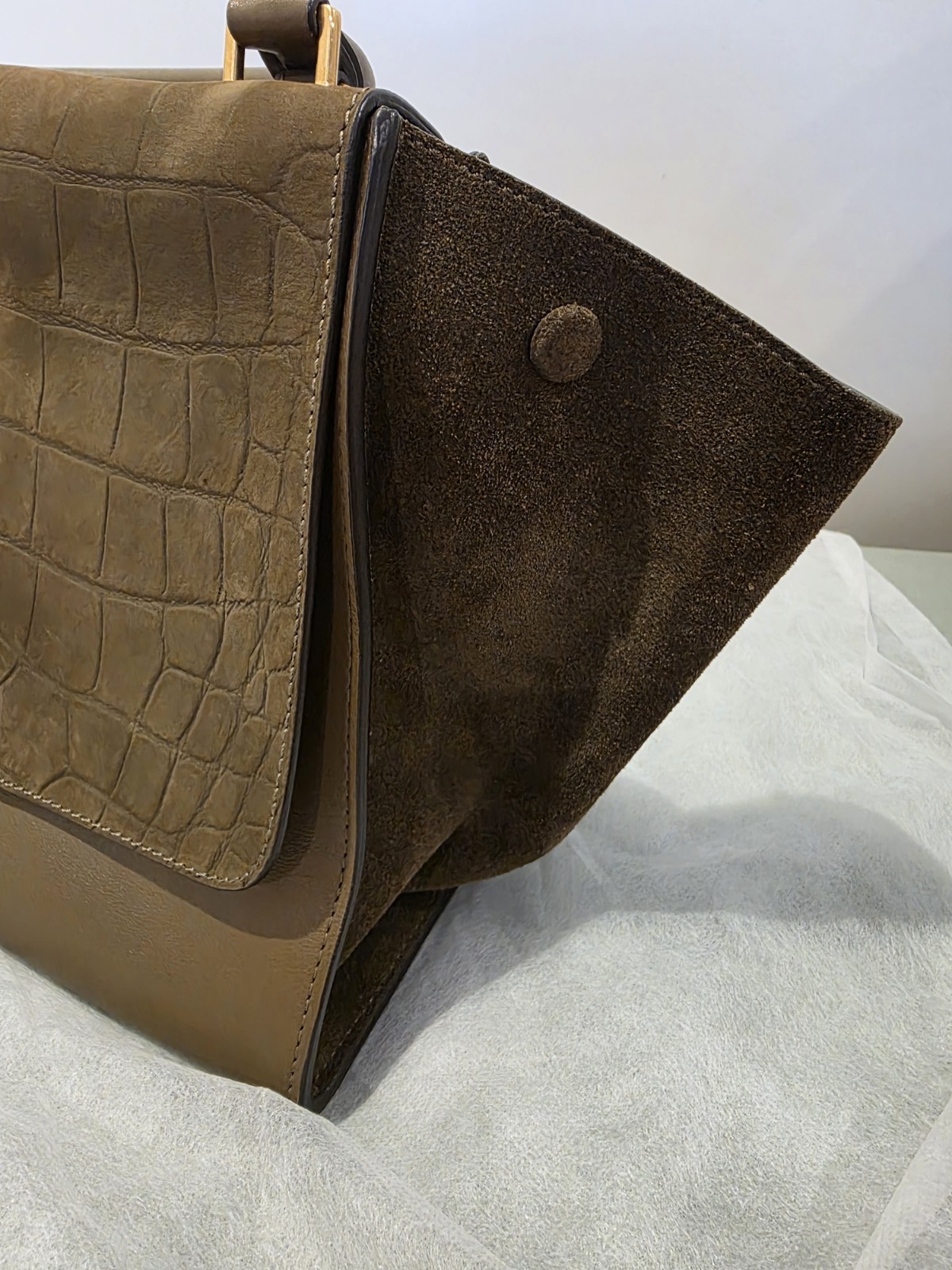 Auth CELINE Croc Leather Suede Trapeze Bag Olive Khaki Top Handle Pristine