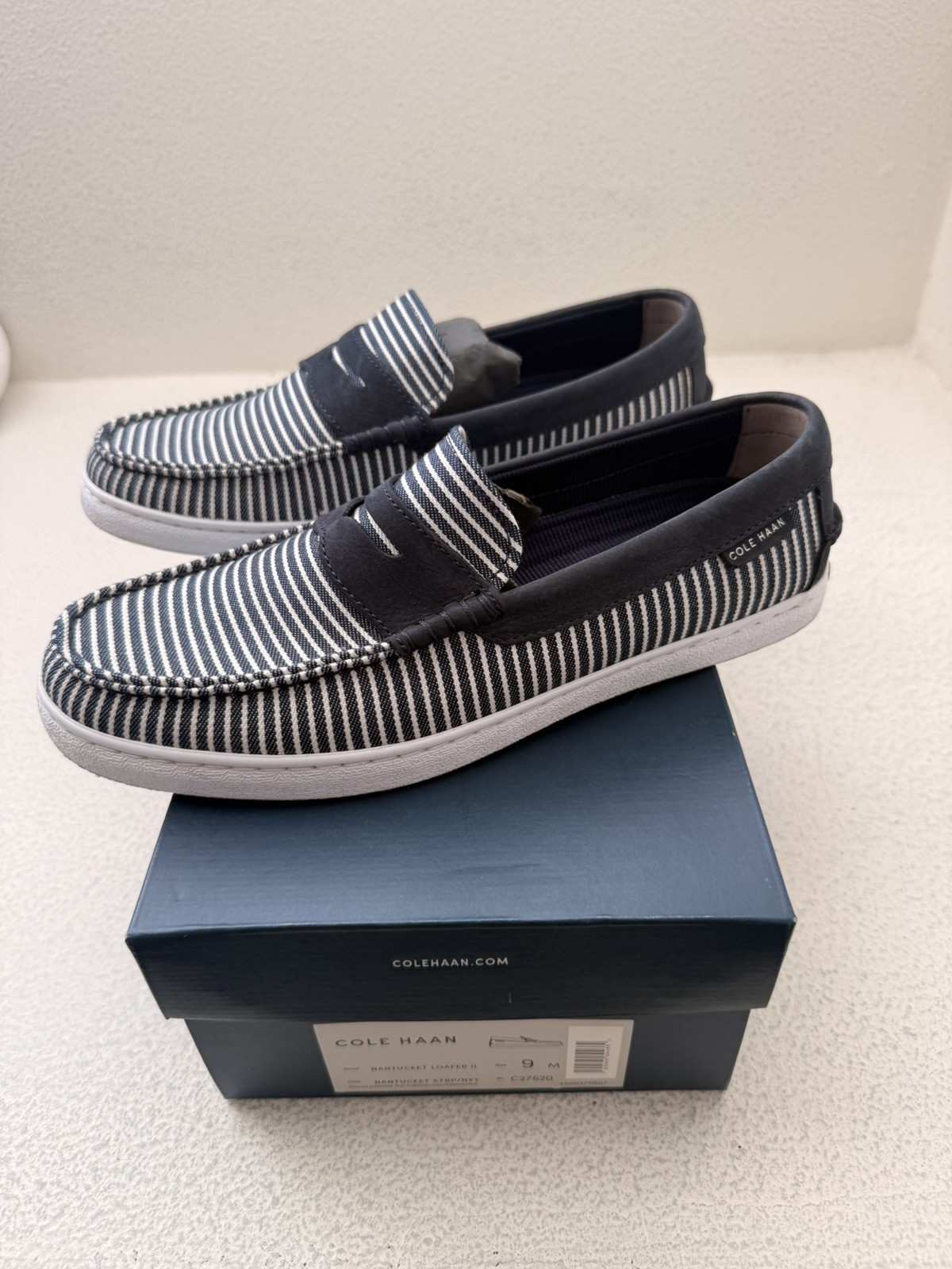 Cole Haan Nantucket Penny Loafers M 9 Blue White Striped Canvas Slip Summer Shoe