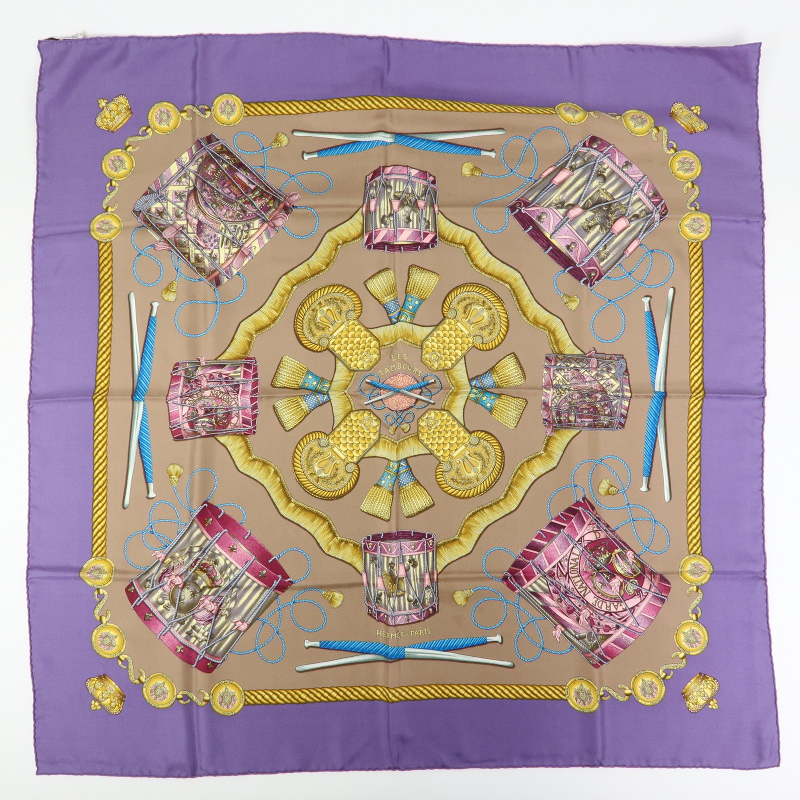 HERMES Carre 45 Silk 100% Scarf LES TAMBOURS Purple Pink Beige Auth Used F/S