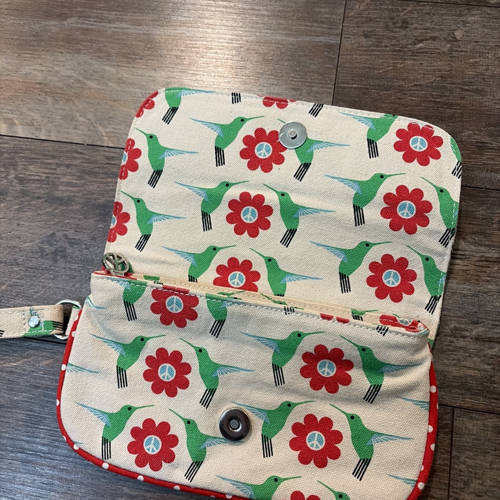 Bungalow 360 Green Hummingbird & Red Flower Print Peace Wristlet Bag Purse