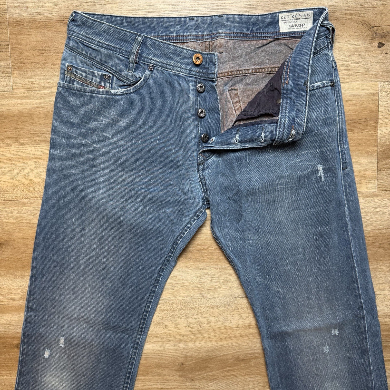 Diesel Iakop Jeans Men 32×32 Blue Slim Tapered Industrial Wash Distressed 0811K