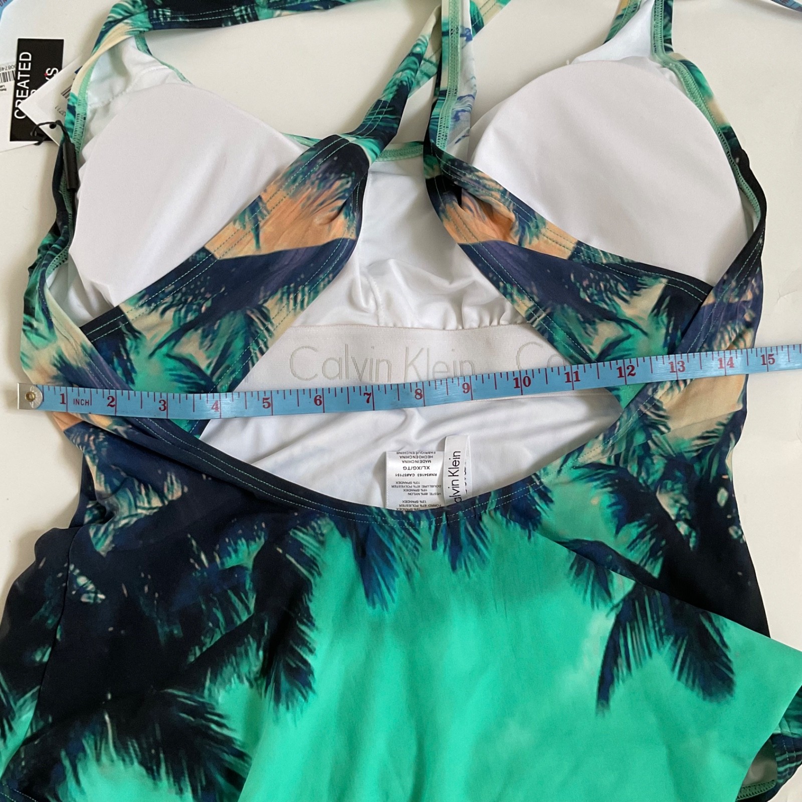 Calvin Klein Good Vibes Palm Tree One Piece Swimsuit XL Tropical Teal Green Navy