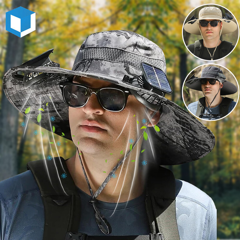Wide Brim Sun Hat with Solar & USB Powered Fan UV Protection for Camping Fishing