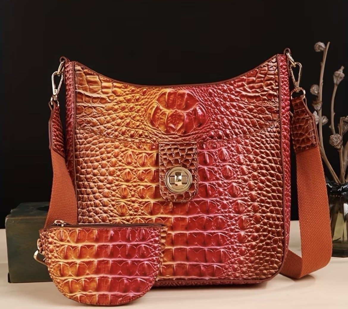 Croc Embossed Crossbody Shoulder Bag Pink/Beige w/ Coin Purse, Strap, Zip