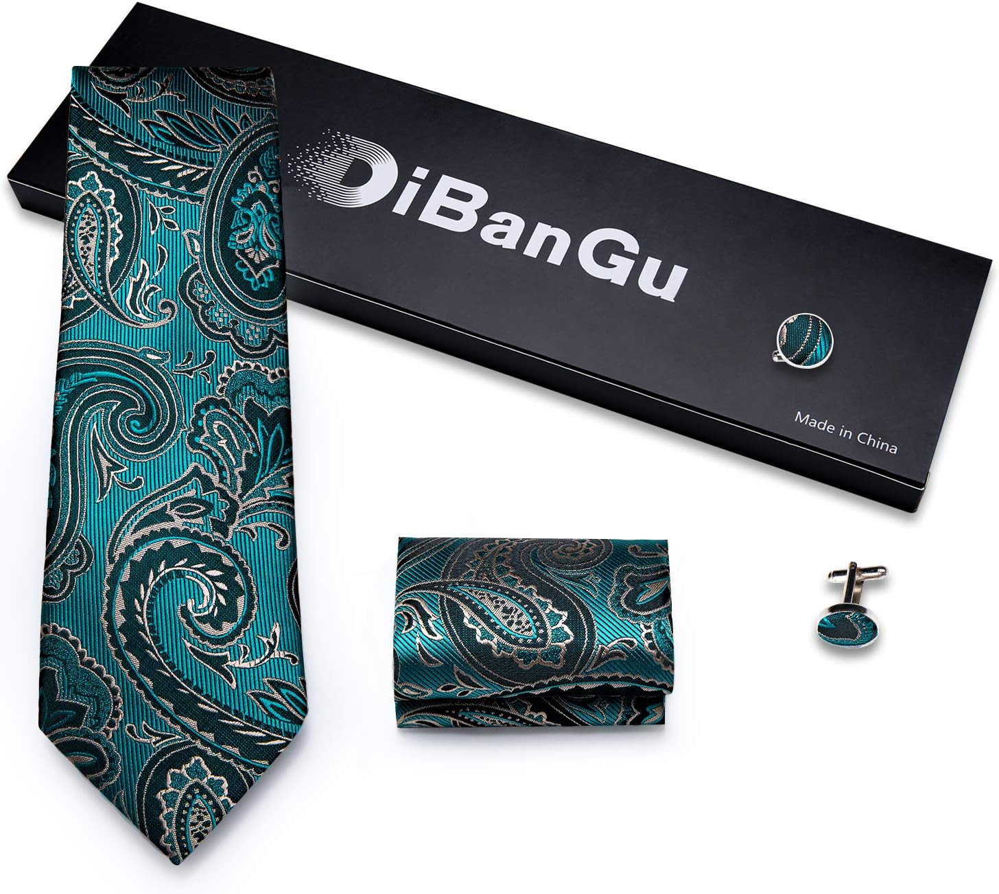 Mens Tie Set Silk Solid Paisley Necktie and Pocket Square Cufflinks Classic Form