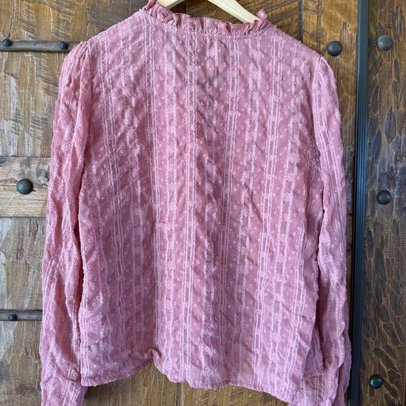 Womens Pink Swiss Dot Ruffle Neck Blouse Metallic Stripe Long Sleeve Top