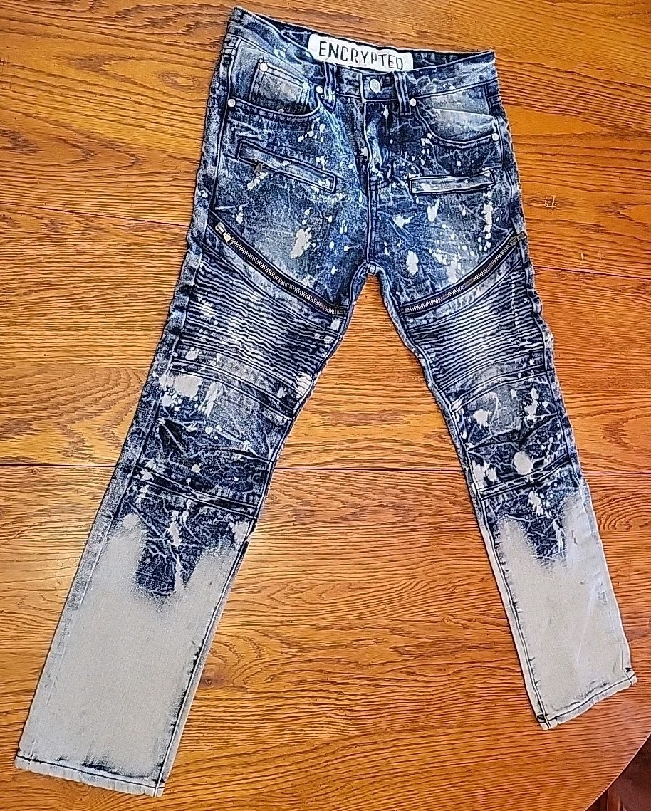 Encrypted Distressed Moto Acid Wash Denim Jeans size 14 READ