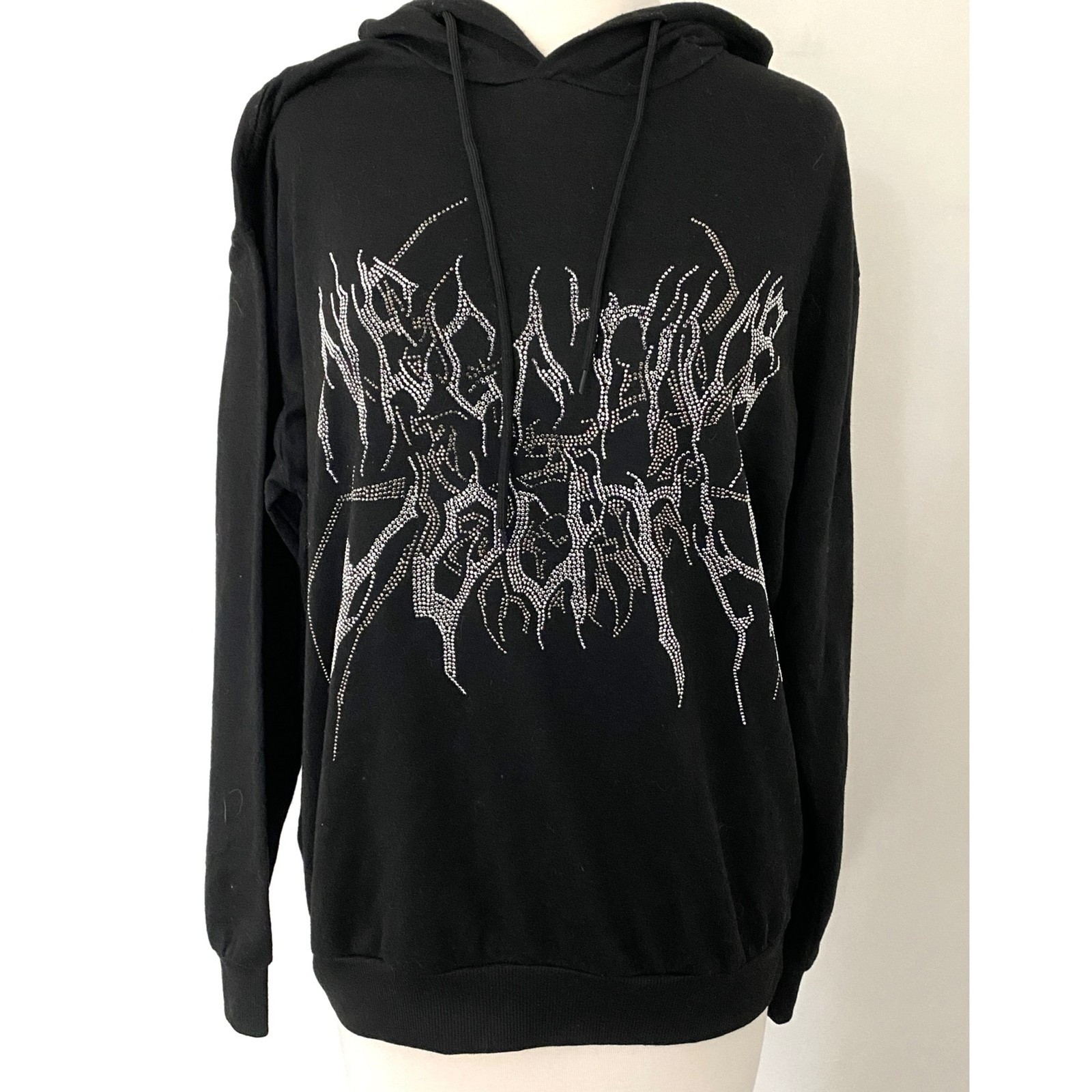 Shein Rhinestone Letter Print Black Hoodie Mens Drawstring Streetwear Fashion M