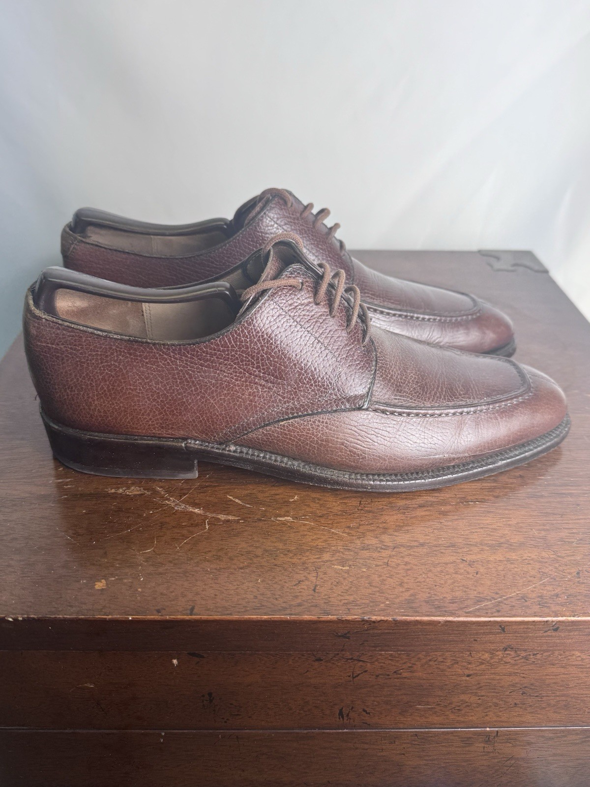 SALVATORE FERRAGAMO MEN’S US 7 D BROWN PEBBLE LEATHER CALF SPLIT TOE LACE UP BOX