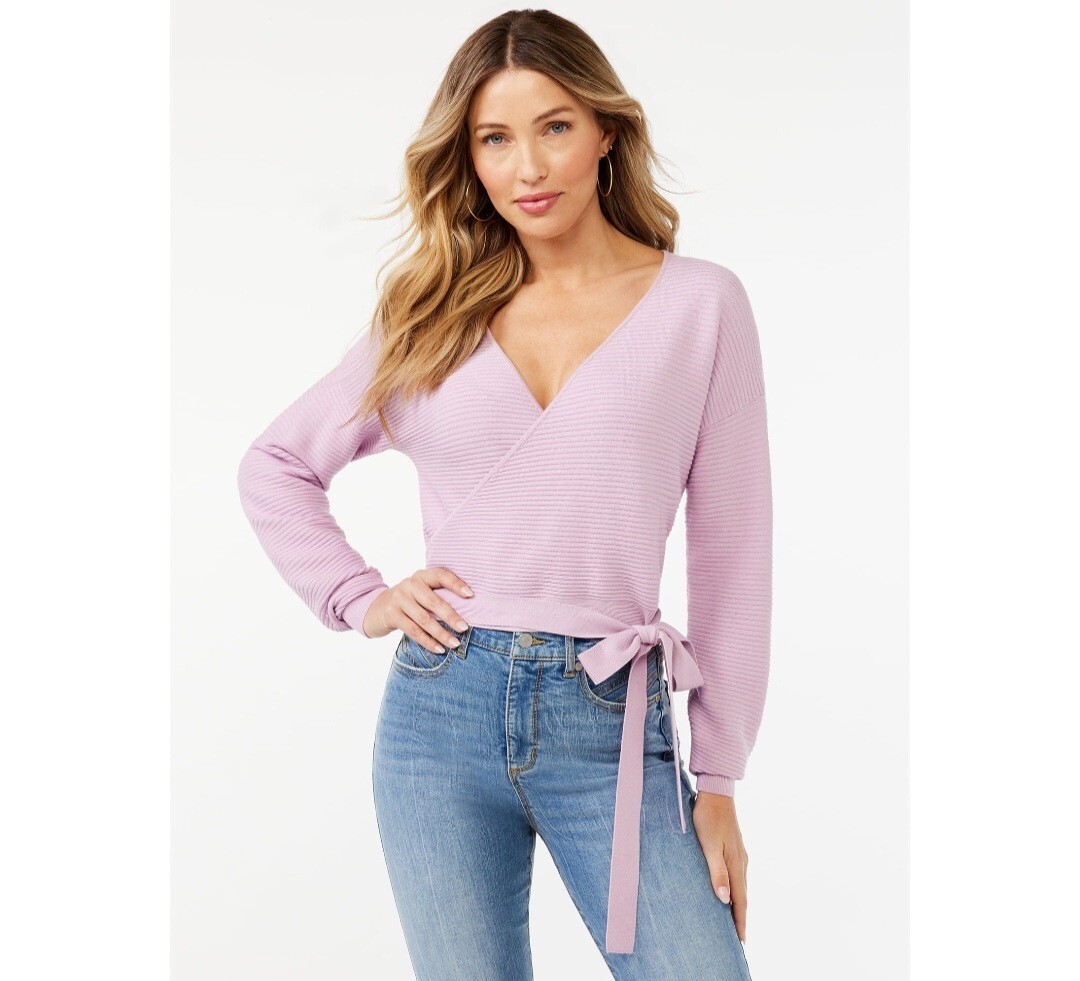 Sofia Jeans by Sophia Vergara Ribbed Wrap Sweater, Women’s Size L Orchid Bouquet