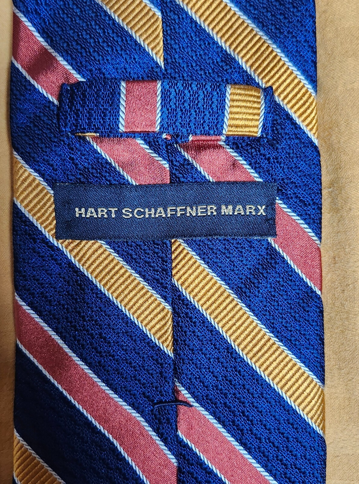 Hart Schaffner Marx Tie Navy Blue Multicolor Stripes Silk Made in USA Handmade