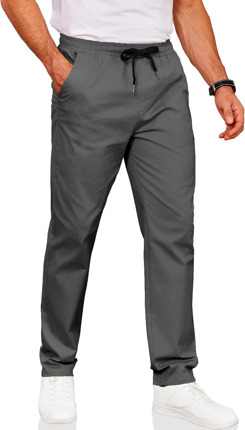 Men’s Cotton Twill Chino Pants Elastic Waist Drawstring Casual Comfort Fit