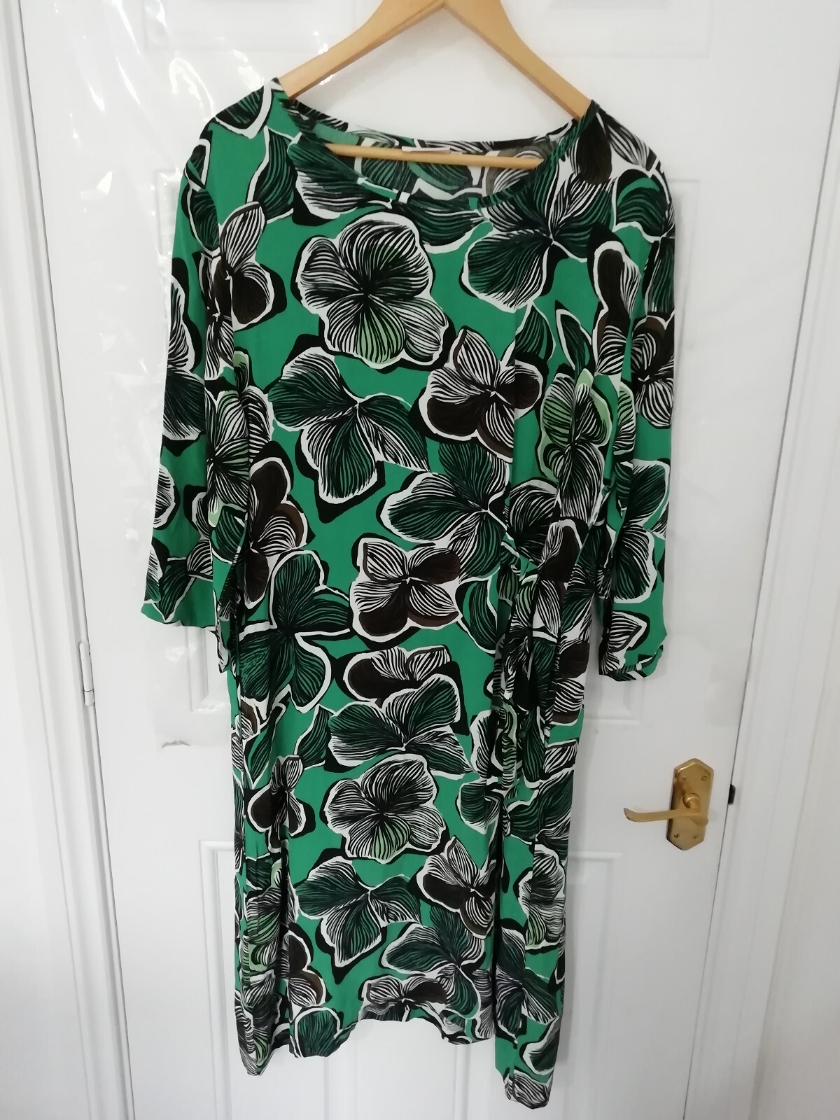 Masai Copenhagen M Dress Green Khaki Black Abstract Floral Tie Detail Lagenlook