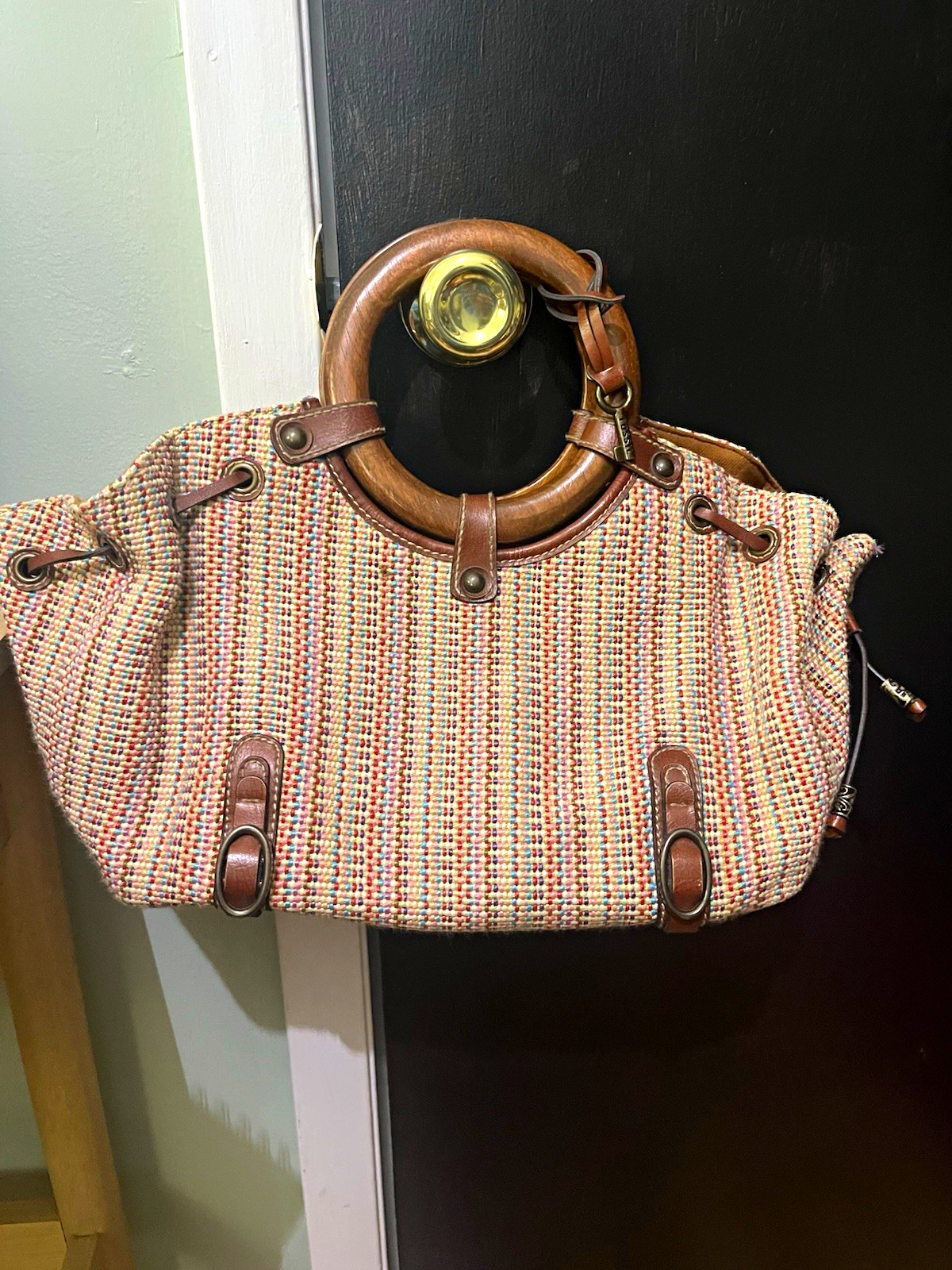 Fossil Woven Tote Bag Multicolor/Brown Wooden Ring Top Handles Drawstring