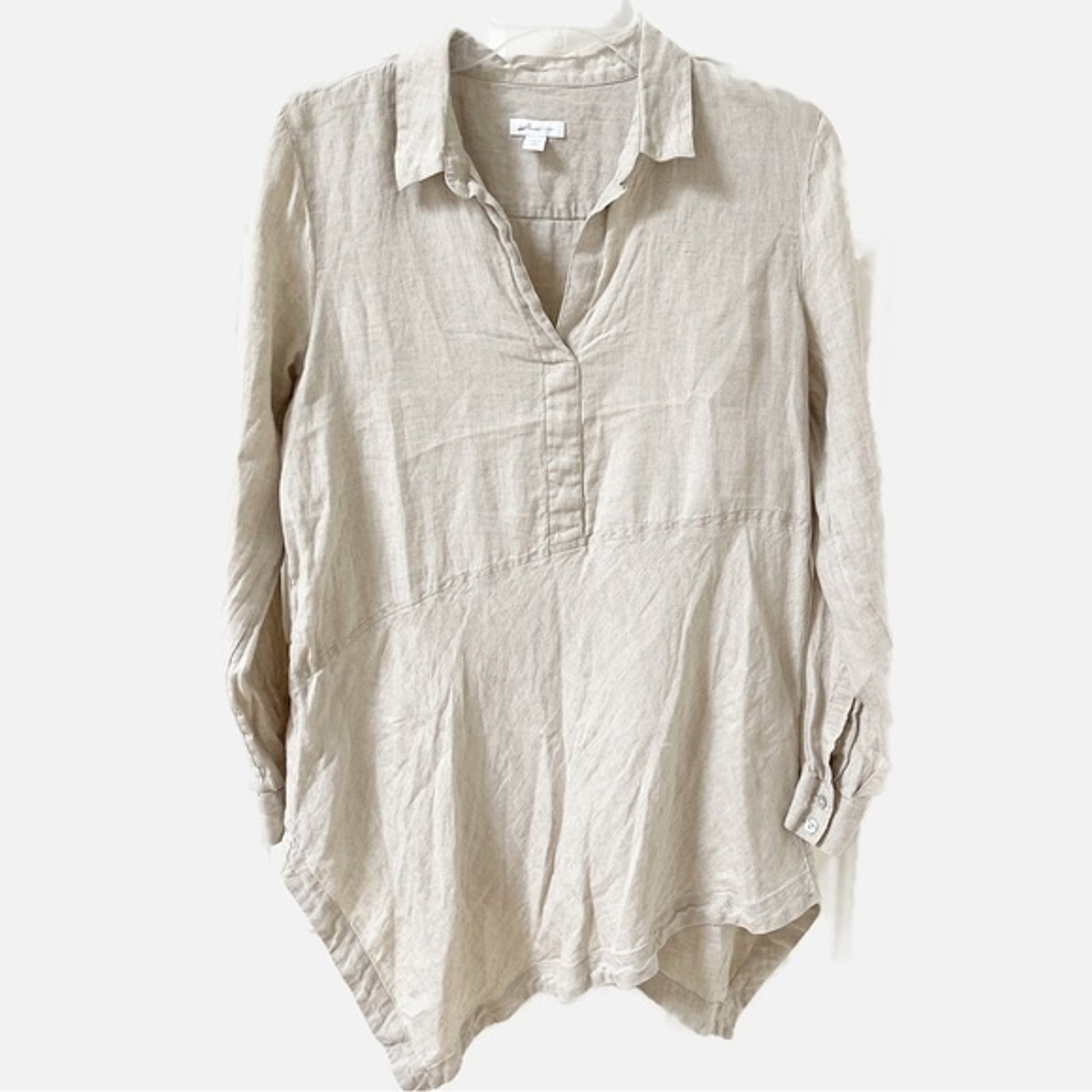 J. Jill Love Linen Neutral Asymmetrical Split Neck Tunic Blouse Top