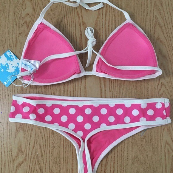 New Womens 2pc Super Sexy Playboy Polka Dot Thong Swimsuit Bikini Size Large