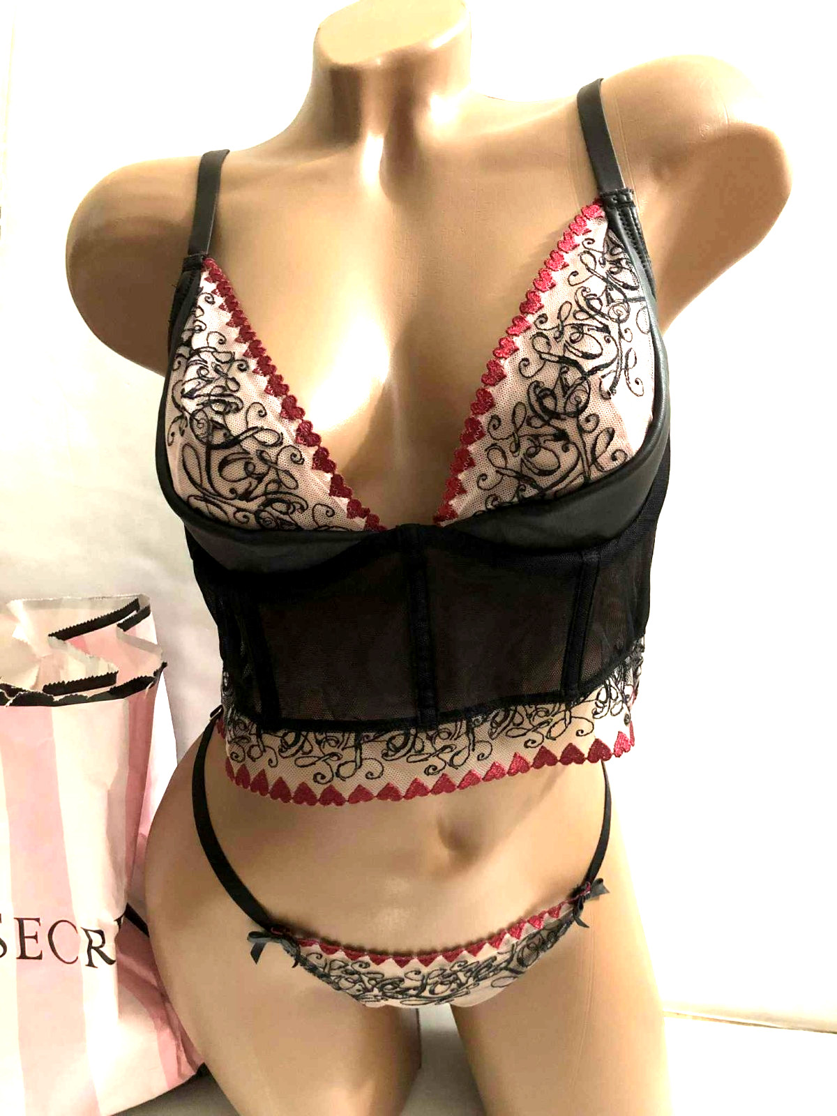 Victoria’s Secret Love Letters faux leather embroidered lace bustier top &Thong