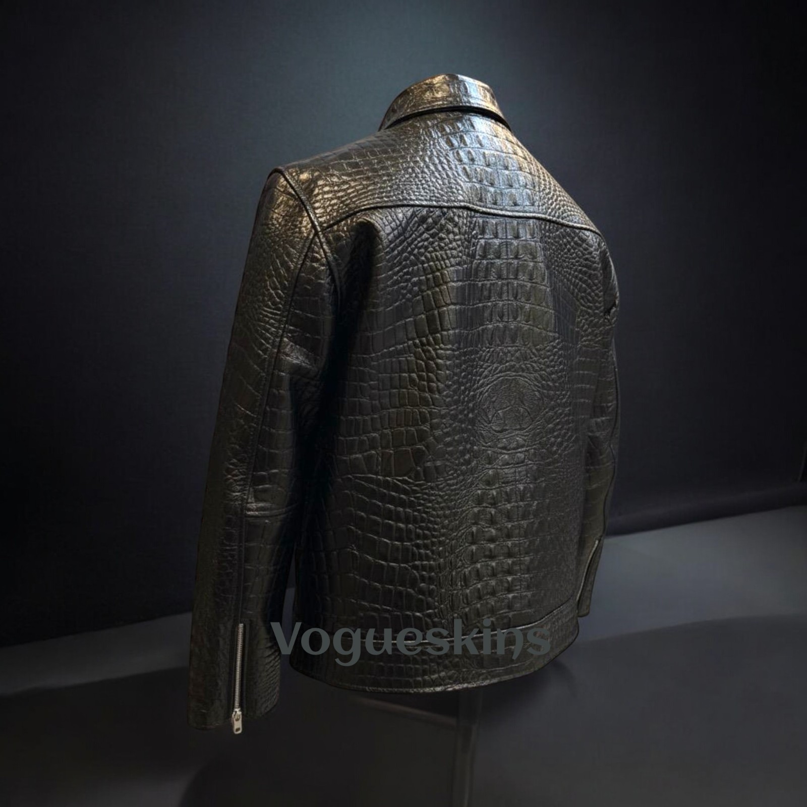 Men’s Black Leather Jacket Crocodile Embossed Pattern Alligator Leather Jacket