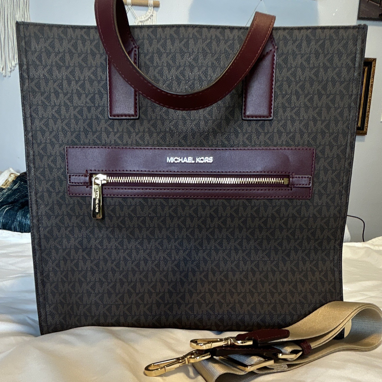Michael Kors Monogram Tote Brown/Burgundy Zip Detachable Strap Gold Hardware