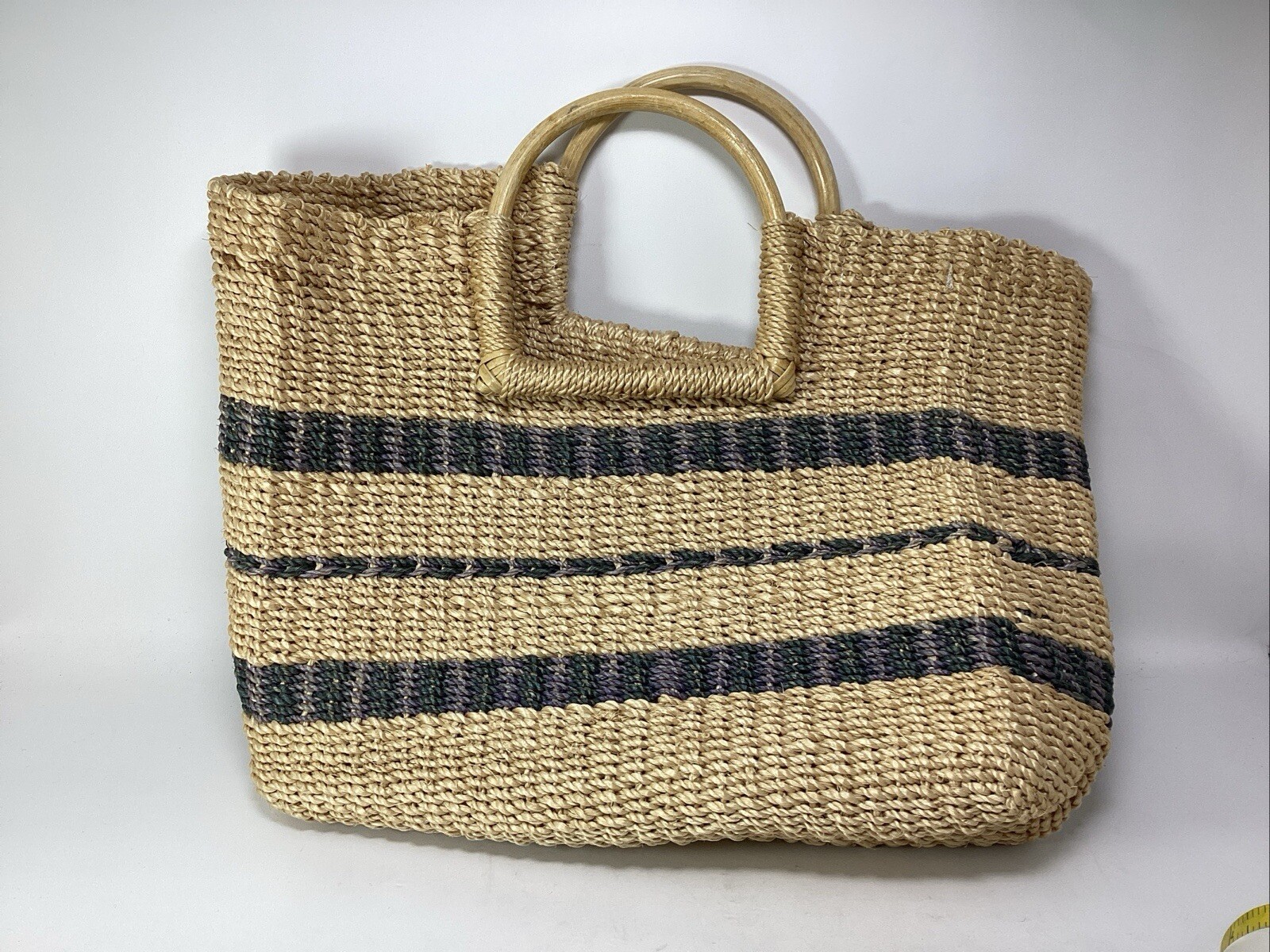 Woven Abaca Fiber Boho Tote Blue Stripes 14”x12”