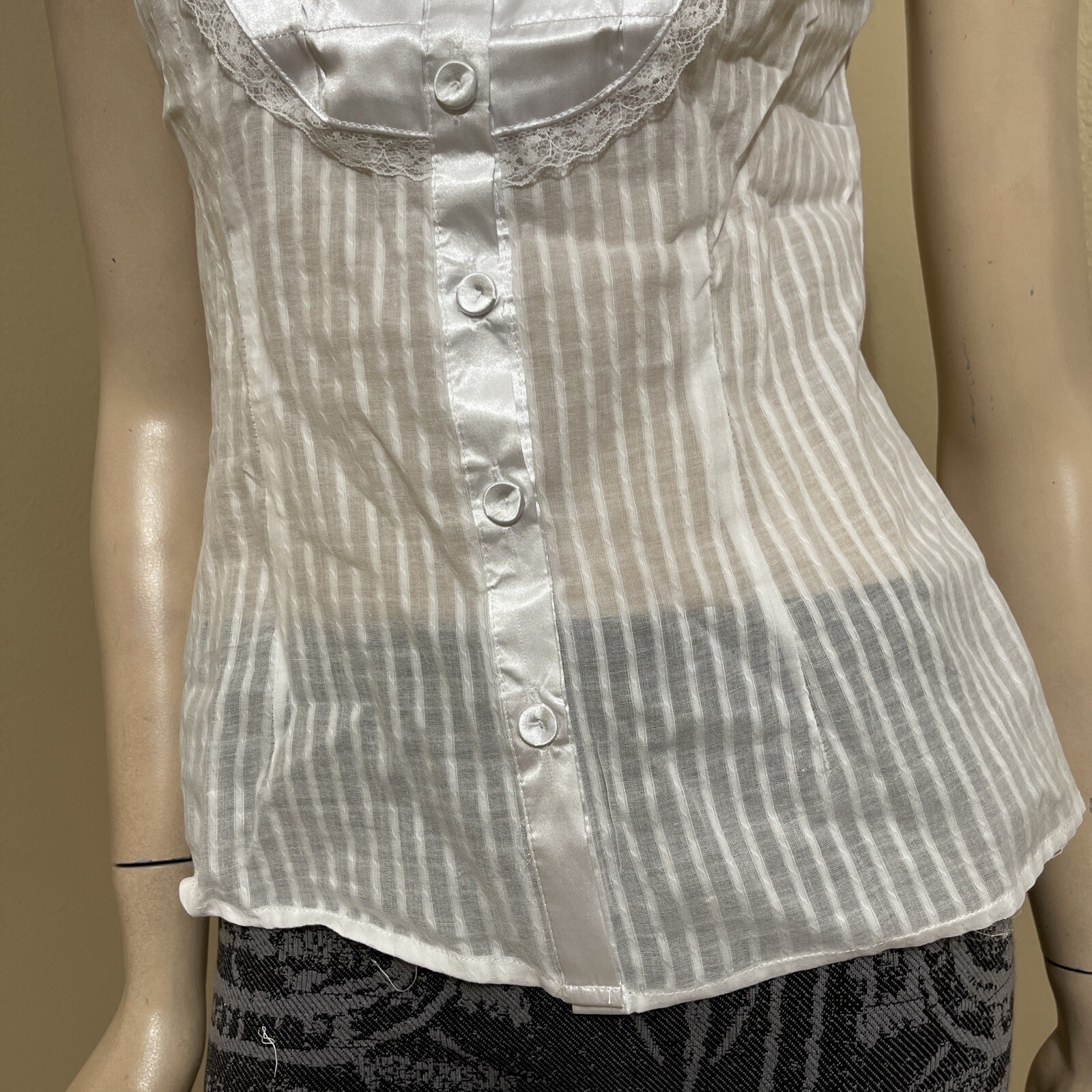 Women’s White Cotton Casual Sheer Striped Lace Satin Buttons Size L Blouse Top