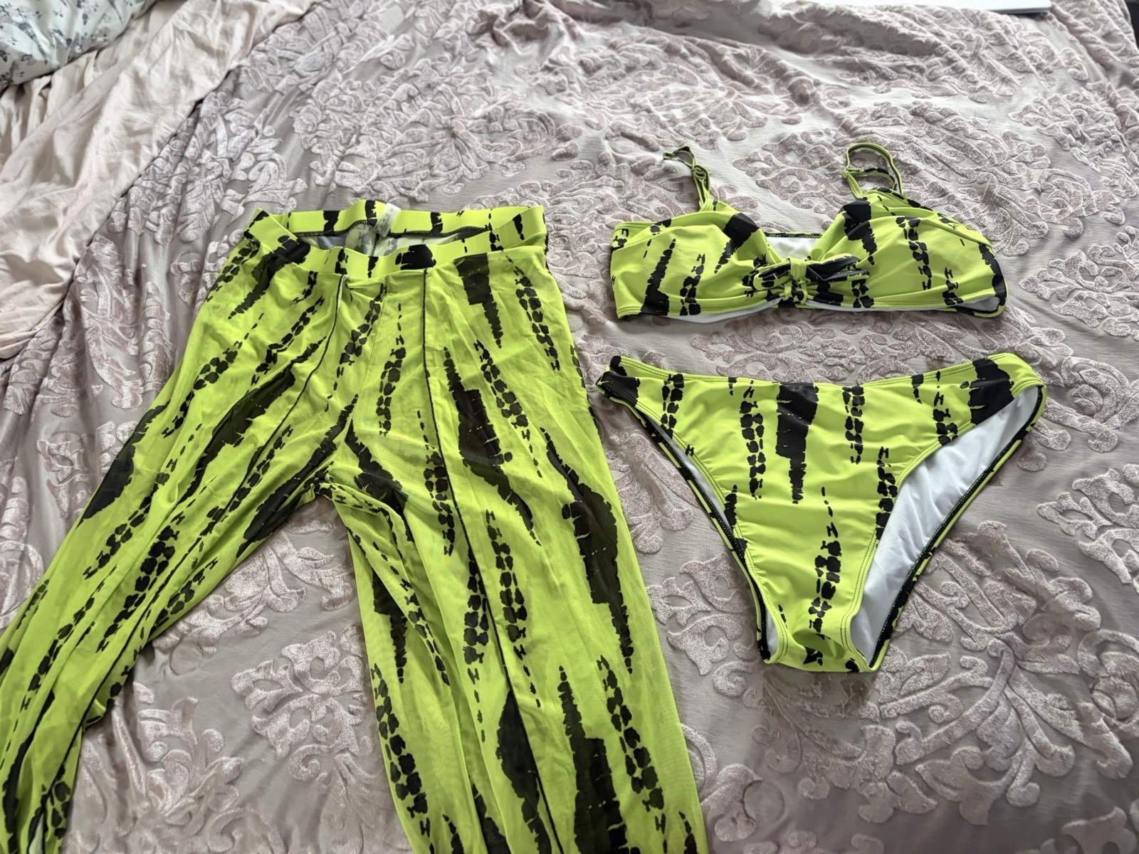 Women’s 3-Piece Green/Black Tie Dye Bikini Set w/ Cover-Up Pants 3XL