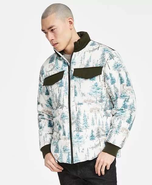 Sun + Stone Men’s Insulated Quilted Puffer Jacket Forest Tree Print Winter Coat