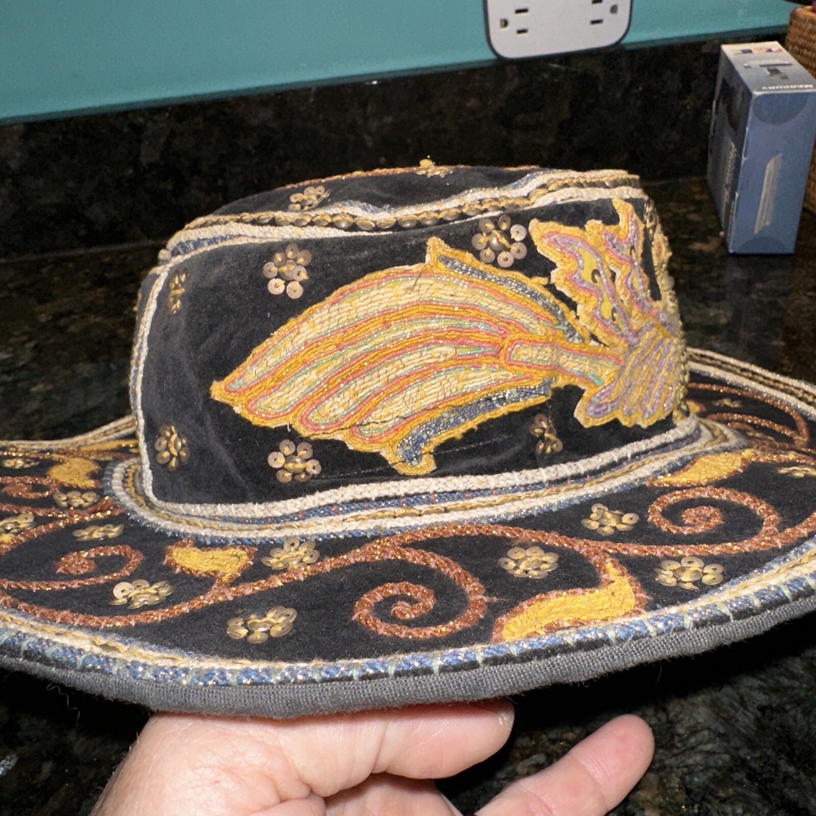 Vintage Myanmar Burmese Burma Kalaga Floppy Boho Hat Phoenix Sequins Embroidery