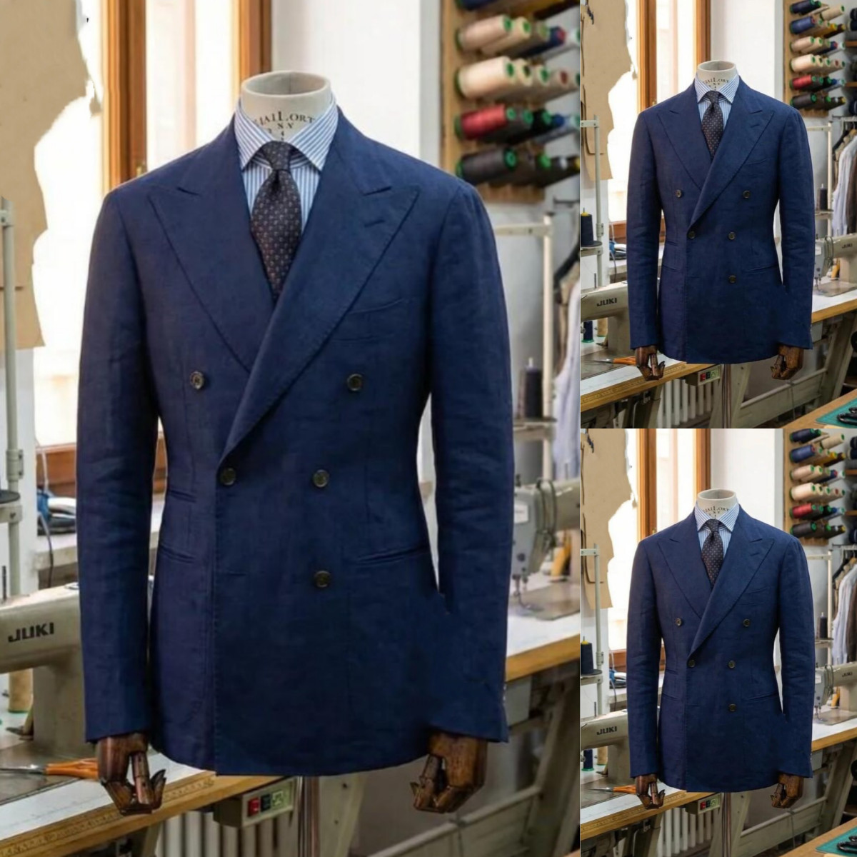 Navy Linen Men’s Suits Casual Summer Beach Wedding Jacket 2Pcs Groom Blazer