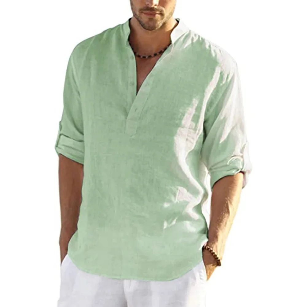 Men’s Cotton Linen Shirt Stand Collar Long Sleeve Casual Pullover Top