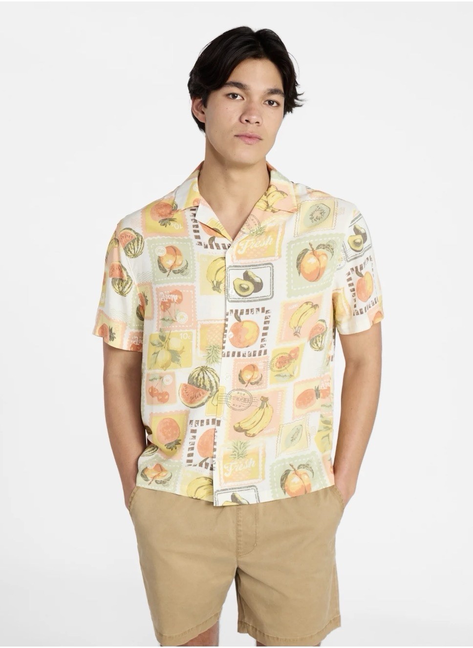 No Boundaries Rayon Shirt with Short Sleeves, Fruit Stamp.