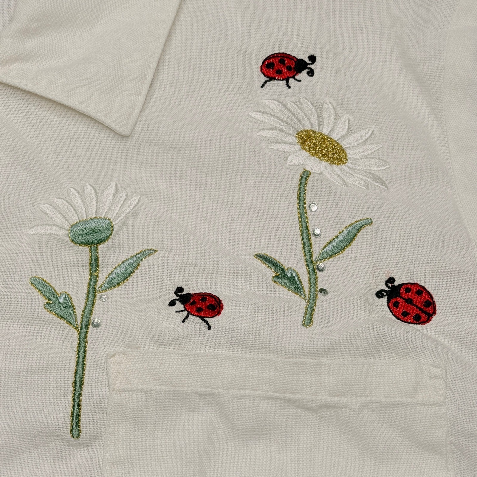 Vtg Dressbarn Button Front Shirt Womens 18 White Linen Embroidered Daisy Ladybug
