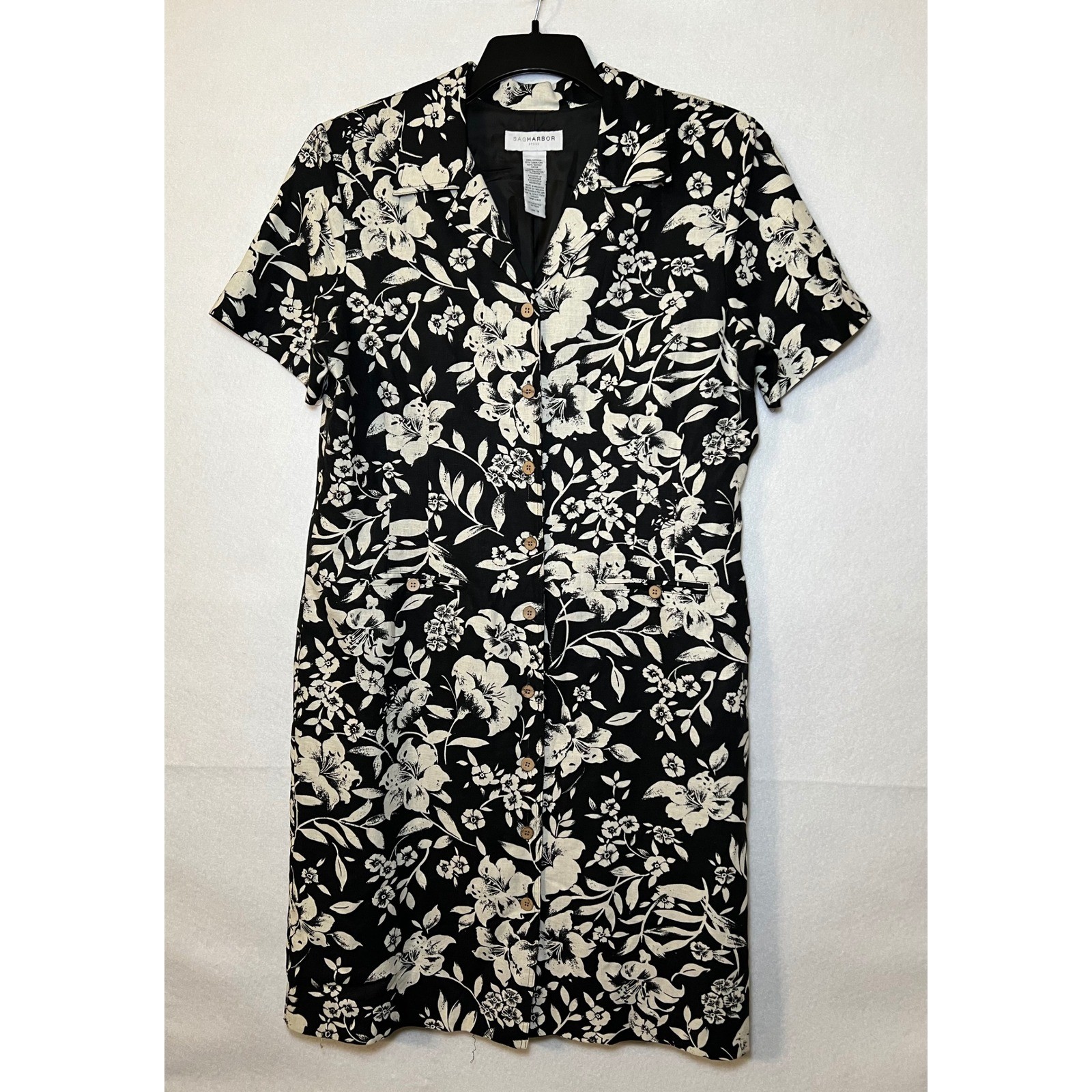 Sag Harbor Floral Linen Blend Coastal Grandma Lagenlook Black White Dress 14