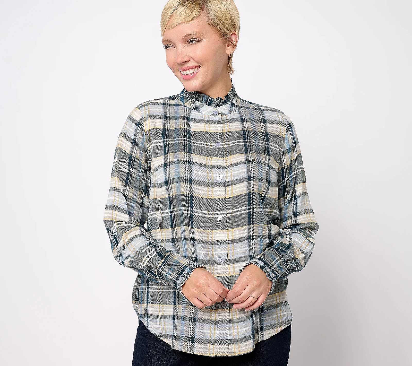 Encore by Idina Menzel Women’s Top Sz 3X Semi-Fitted Ruffle Trimmed Plaid Blouse
