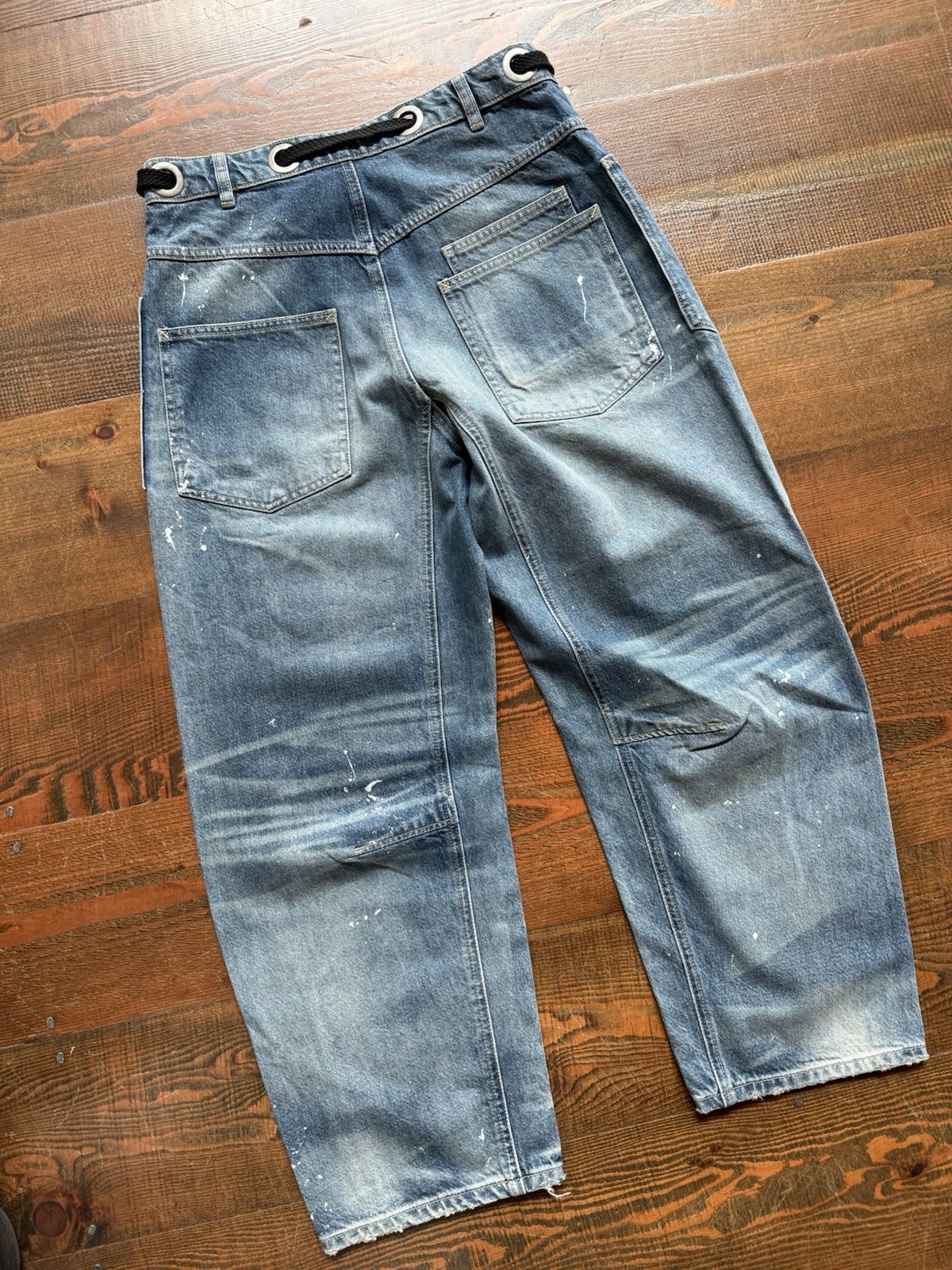 We The Free Moxie Paint Splatter Patch Barrel Jeans w/Drawstring Size 26