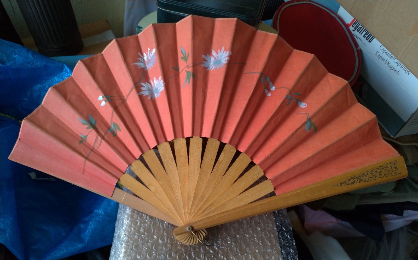 Vintage Tassels Fan Japan China East Paper Wood Flowers Red Orange
