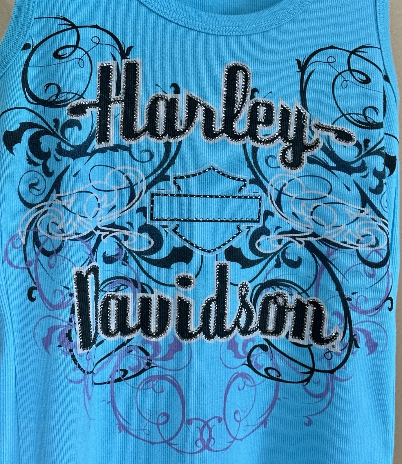Rare Harley Davidson Blue W/Rhinestones Avant-garde Tank Top, Women’s size S