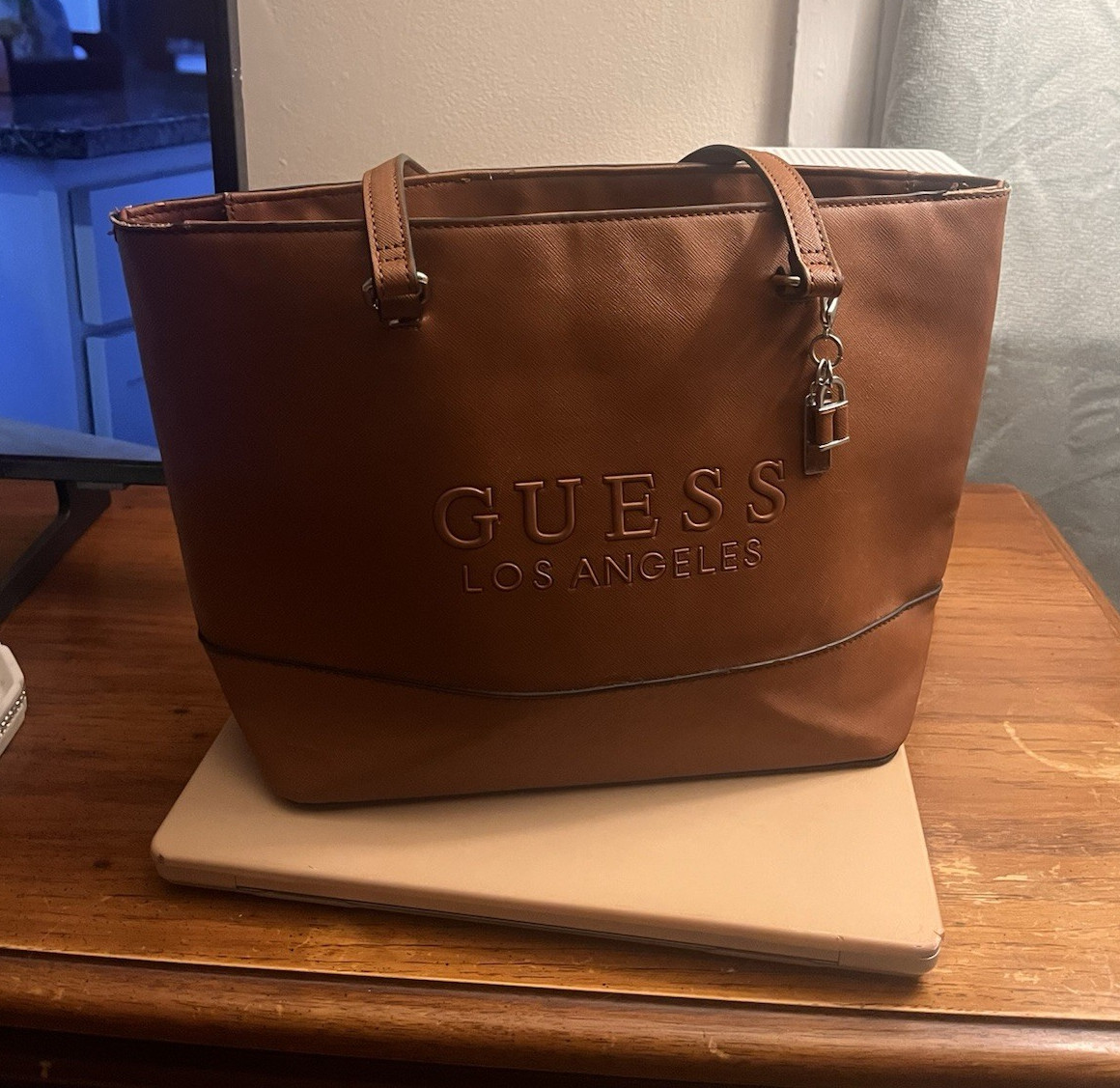 GUESS Brown Rodney Logo Tote Bag Zip Closure Silver Hardware Lock Charm