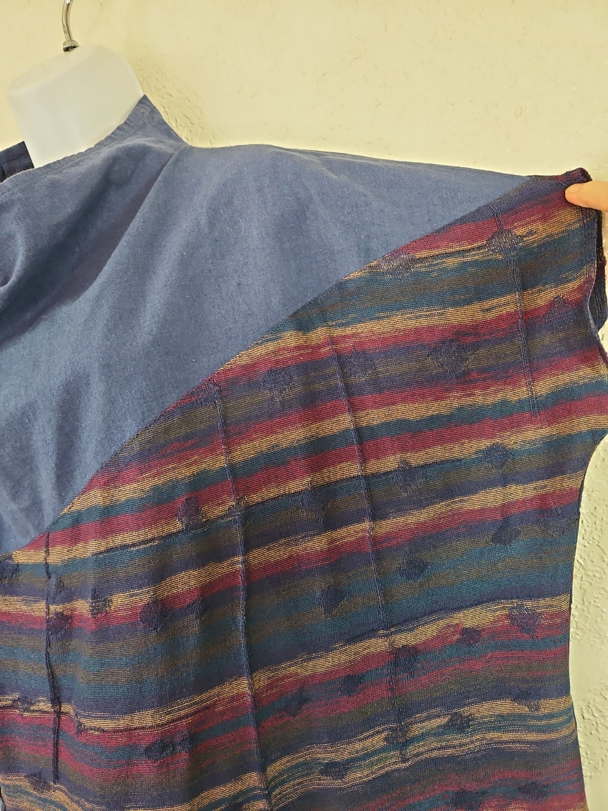 FUGA FUGA O/S Blue/Multi Linen Blend Mixed Media Boxy Cropped Top Mesh